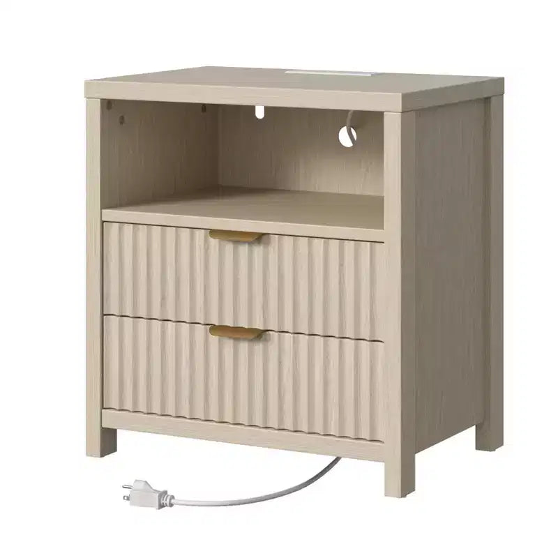 Fluted Nightstand with Charging Station 19.7 Inch Modern Bedside Table with 2 Wood Slide Drawers Open Shelf USB Ports Outlets Bedroom End Table White
