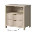 Fluted Nightstand with Charging Station 19.7 Inch Modern Bedside Table with 2 Wood Slide Drawers Open Shelf USB Ports Outlets Bedroom End Table White