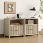 Table de chevet cannelée avec station de recharge, table de chevet moderne de 50 cm avec 2 tiroirs coulissants en bois, étagère ouverte, ports USB, prises de courant, table d'appoint de chambre, blanc