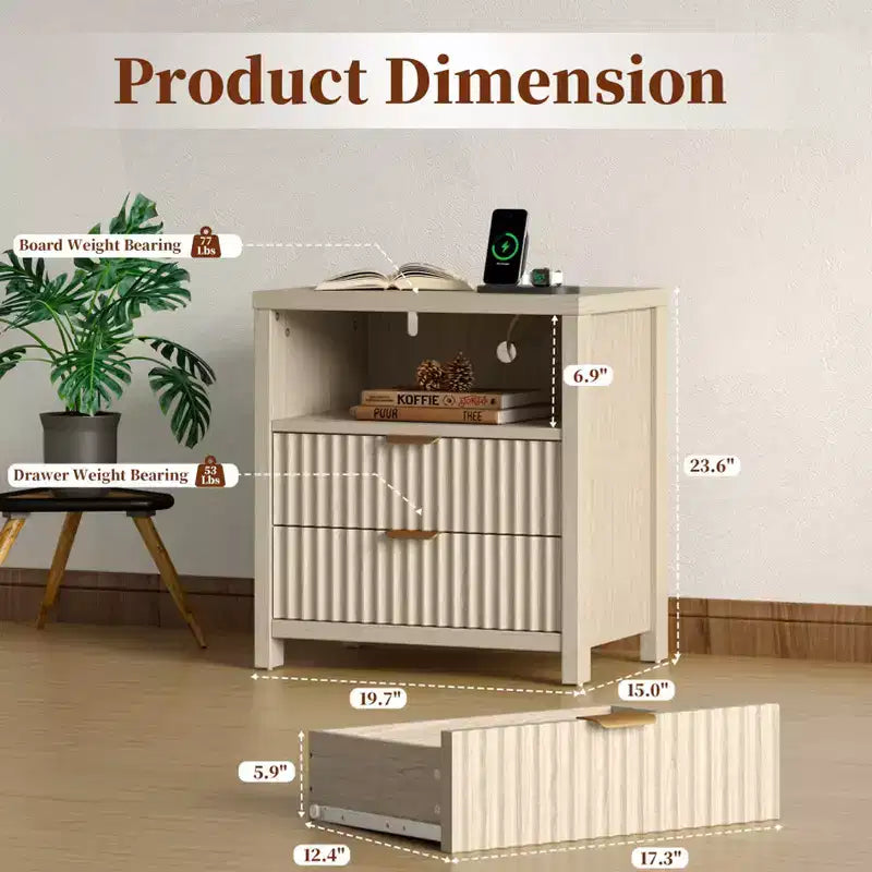 Table de chevet cannelée avec station de recharge, table de chevet moderne de 50 cm avec 2 tiroirs coulissants en bois, étagère ouverte, ports USB, prises de courant, table d'appoint de chambre, blanc