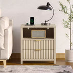 Table de chevet cannelée avec station de recharge, table de chevet moderne de 50 cm avec 2 tiroirs coulissants en bois, étagère ouverte, ports USB, prises de courant, table d'appoint de chambre, blanc