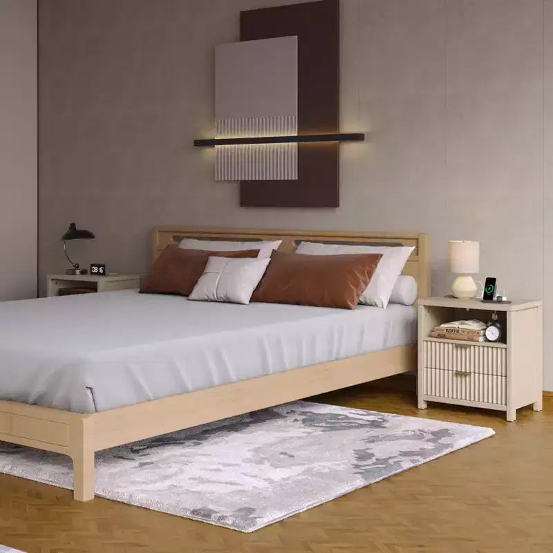 Table de chevet cannelée avec station de recharge, table de chevet moderne de 50 cm avec 2 tiroirs coulissants en bois, étagère ouverte, ports USB, prises de courant, table d'appoint de chambre, blanc