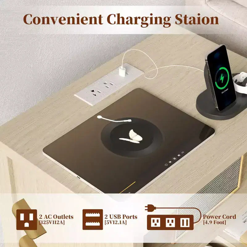 Table de chevet cannelée avec station de recharge, table de chevet moderne de 50 cm avec 2 tiroirs coulissants en bois, étagère ouverte, ports USB, prises de courant, table d'appoint de chambre, blanc