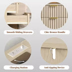 Table de chevet cannelée avec station de recharge, table de chevet moderne de 50 cm avec 2 tiroirs coulissants en bois, étagère ouverte, ports USB, prises de courant, table d'appoint de chambre, blanc