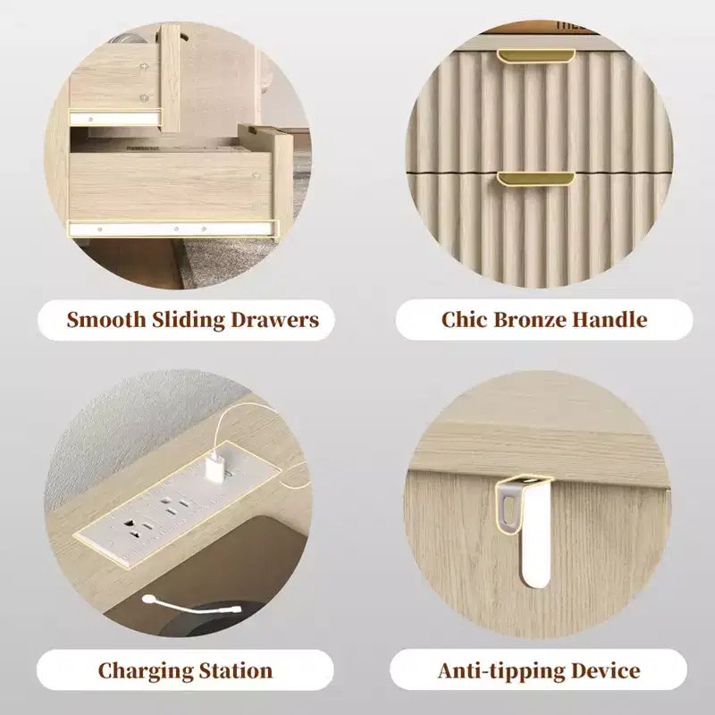 Table de chevet cannelée avec station de recharge, table de chevet moderne de 50 cm avec 2 tiroirs coulissants en bois, étagère ouverte, ports USB, prises de courant, table d'appoint de chambre, blanc