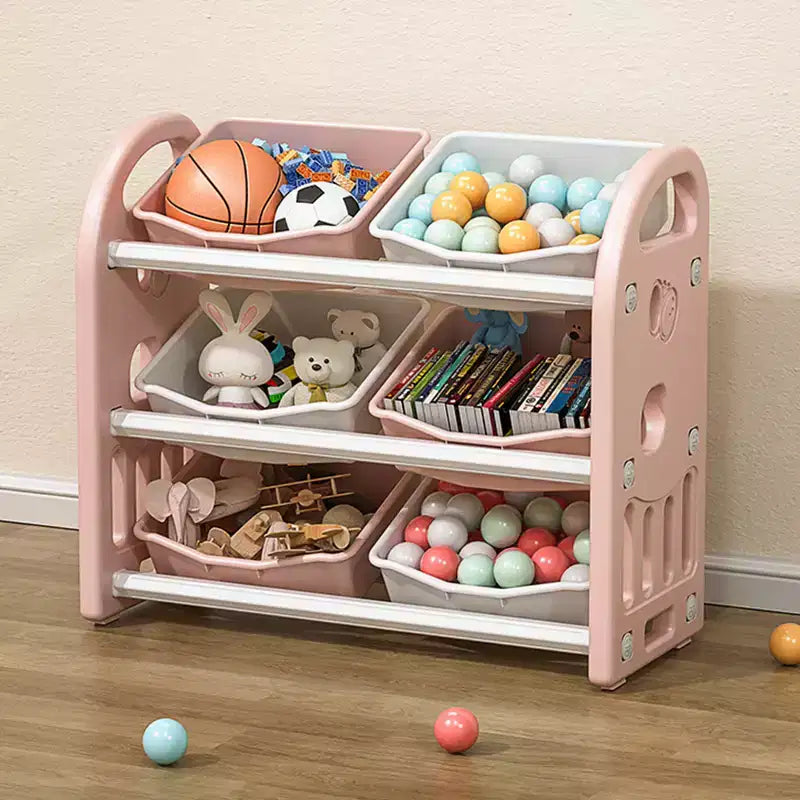 Kids Toy Storage Organizer with 6 Bins, Multifunctional Nursery Furniture Set with HDPE Shelves, for Playroom, Bedroom, Living Room (Pink)