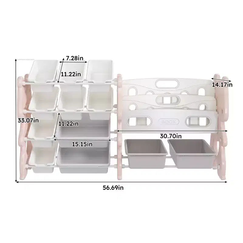 Organisateur de rangement de jouets pour enfants avec bibliothèque à 2 niveaux et 12 bacs, mobilier multifonctionnel pour enfants (rose)