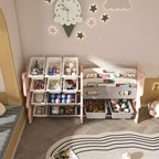 Organisateur de rangement de jouets pour enfants avec bibliothèque à 2 niveaux et 12 bacs, mobilier multifonctionnel pour enfants (rose)