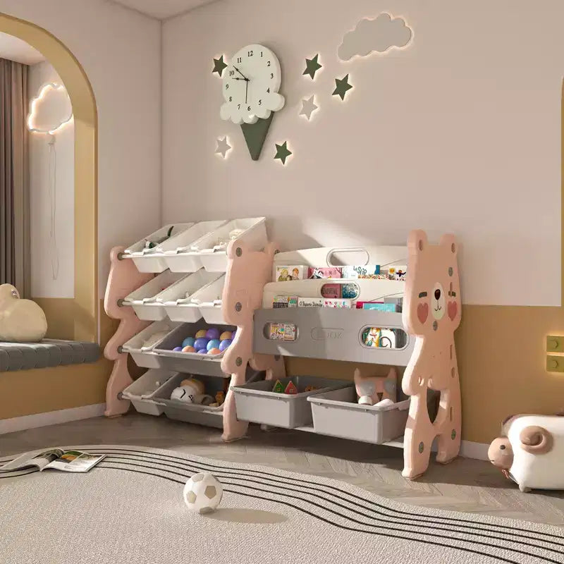 Organisateur de rangement de jouets pour enfants avec bibliothèque à 2 niveaux et 12 bacs, mobilier multifonctionnel pour enfants (rose)