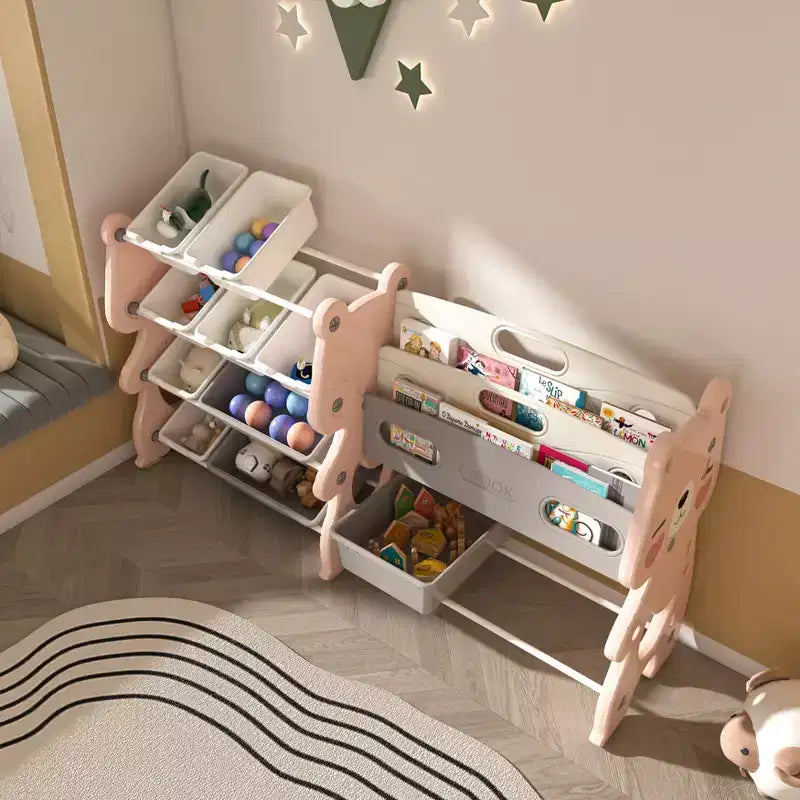 Organisateur de rangement de jouets pour enfants avec bibliothèque à 2 niveaux et 12 bacs, mobilier multifonctionnel pour enfants (rose)