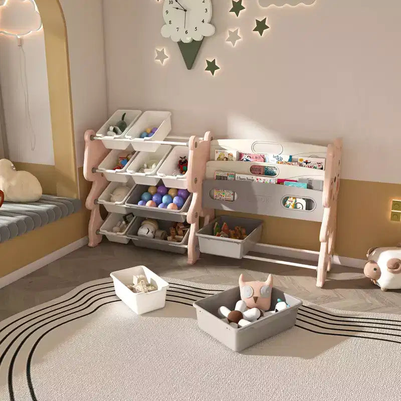 Organisateur de rangement de jouets pour enfants avec bibliothèque à 2 niveaux et 12 bacs, mobilier multifonctionnel pour enfants (rose)