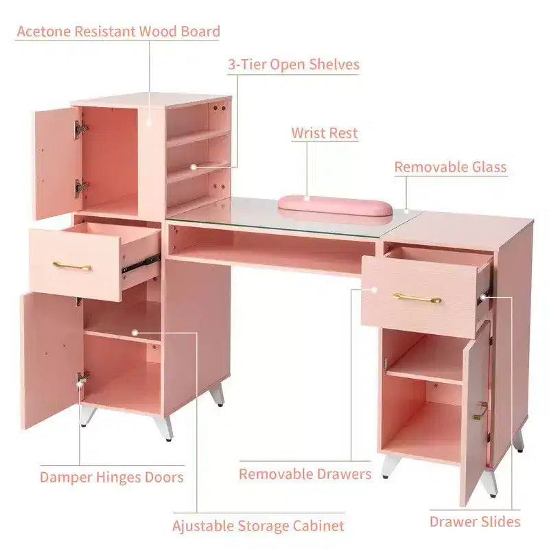 Table de manucure noire Karlhome, bureau d'esthéticienne moderne pour salon avec plateau en verre et coussin repose-poignet