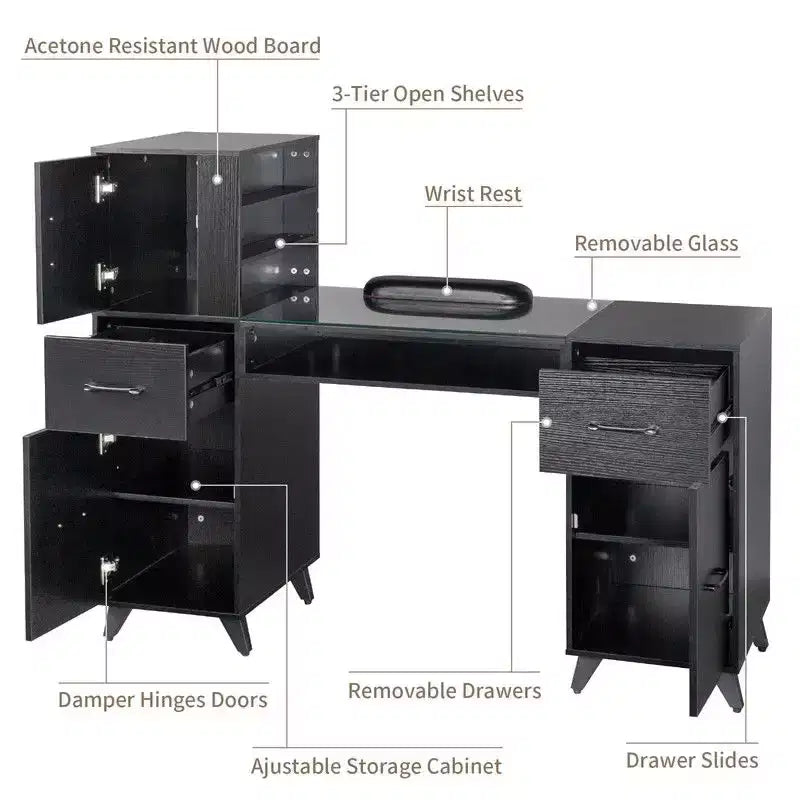 Table de manucure noire Karlhome, bureau d'esthéticienne moderne pour salon avec plateau en verre et coussin repose-poignet