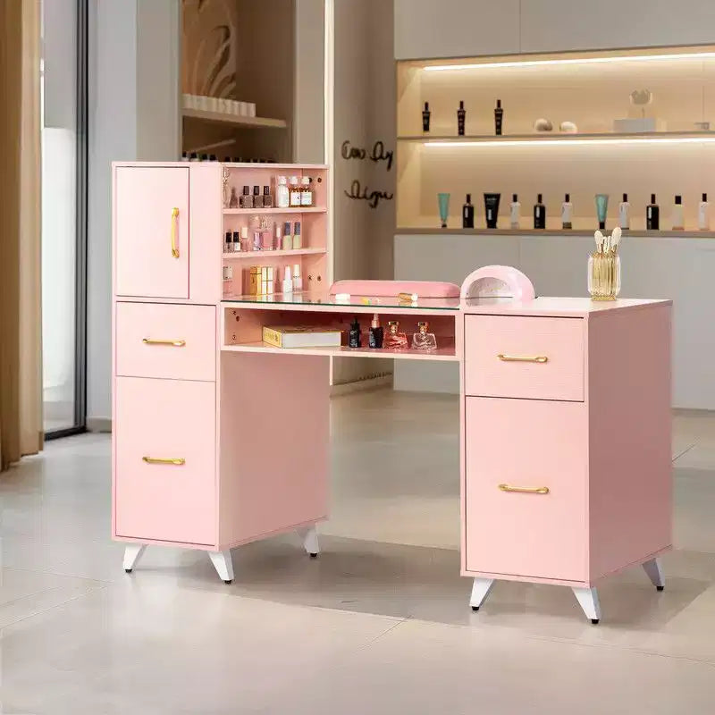 Table de manucure noire Karlhome, bureau d'esthéticienne moderne pour salon avec plateau en verre et coussin repose-poignet