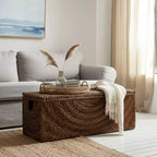Banc de rangement en fibres naturelles tressées pour chambre à coucher – Banc ottoman élégant avec compartiment secret pour couvertures dans le salon – 19 po, marron et beige