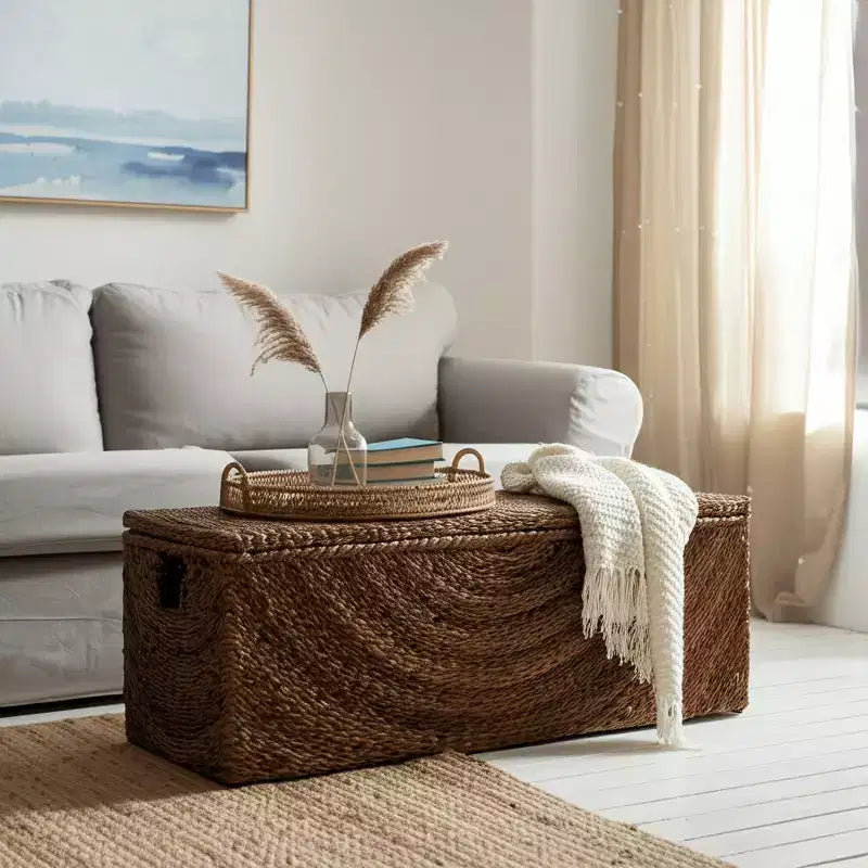 Banc de rangement en fibres naturelles tressées pour chambre à coucher – Banc ottoman élégant avec compartiment secret pour couvertures dans le salon – 19 po, marron et beige