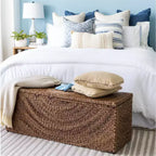 Banc de rangement en fibres naturelles tressées pour chambre à coucher – Banc ottoman élégant avec compartiment secret pour couvertures dans le salon – 19 po, marron et beige