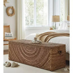 Banc de rangement en fibres naturelles tressées pour chambre à coucher – Banc ottoman élégant avec compartiment secret pour couvertures dans le salon – 19 po, marron et beige