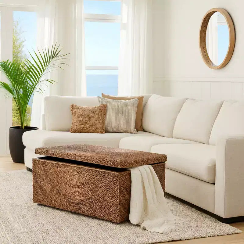 Natural Woven Storage Bench for Bedroom Decor - Stylish Ottoman Bench with Hidden Compartment for Blankets in Living Room - 19, Brown & Tan