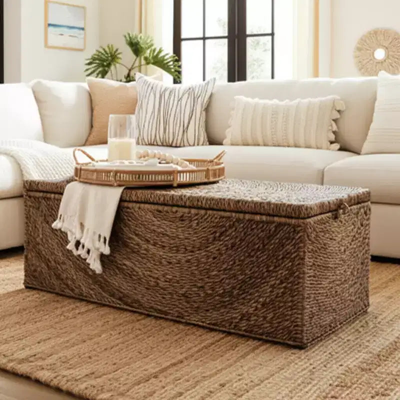 Banc de rangement en fibres naturelles tressées pour chambre à coucher – Banc ottoman élégant avec compartiment secret pour couvertures dans le salon – 19 po, marron et beige