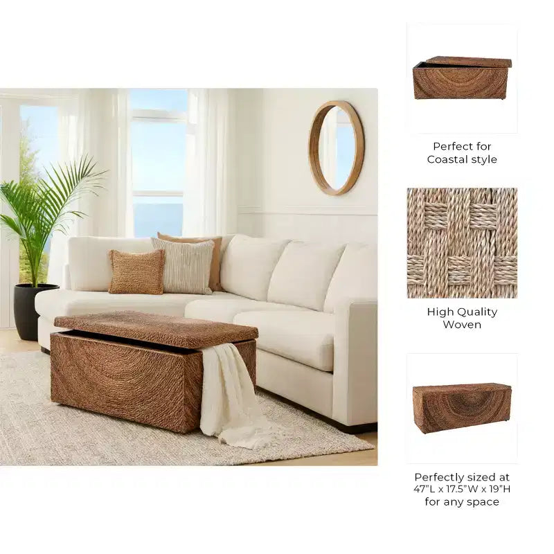 Banc de rangement en fibres naturelles tressées pour chambre à coucher – Banc ottoman élégant avec compartiment secret pour couvertures dans le salon – 19 po, marron et beige