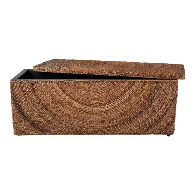 Banc de rangement en fibres naturelles tressées pour chambre à coucher – Banc ottoman élégant avec compartiment secret pour couvertures dans le salon – 19 po, marron et beige