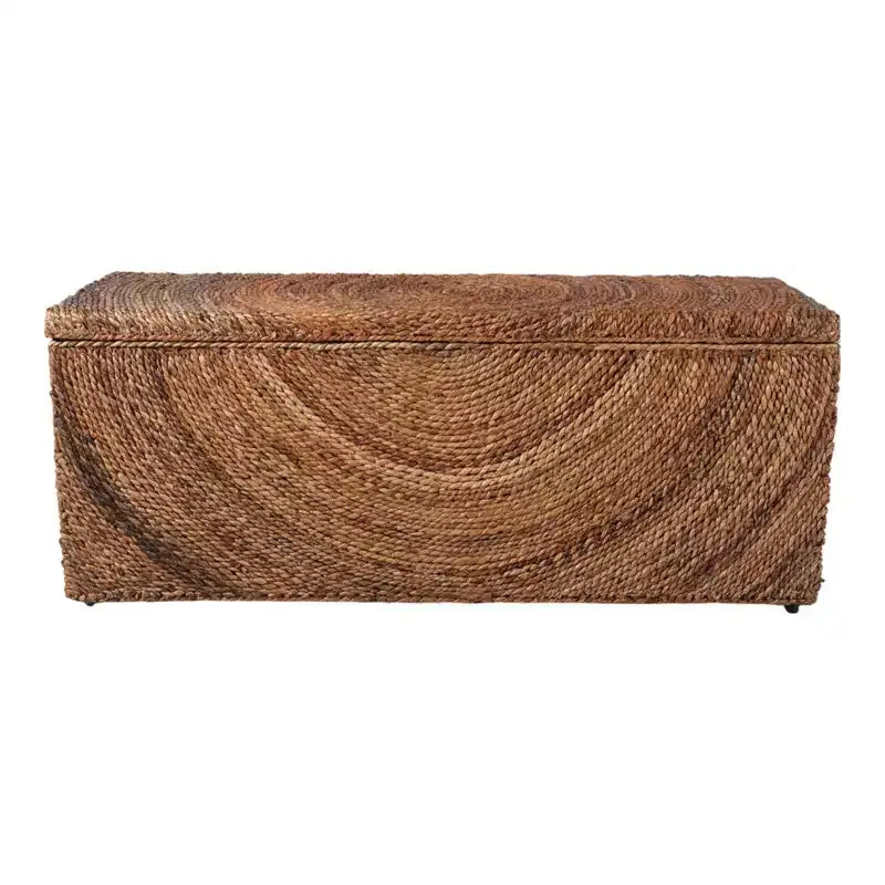 Banc de rangement en fibres naturelles tressées pour chambre à coucher – Banc ottoman élégant avec compartiment secret pour couvertures dans le salon – 19 po, marron et beige
