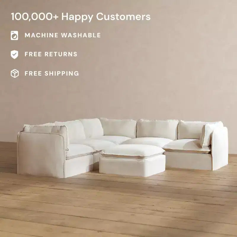 Canapé d'angle modulable lavable 4 places Anabei + Pouf | Assise Deluxe+ et coussin Cloud