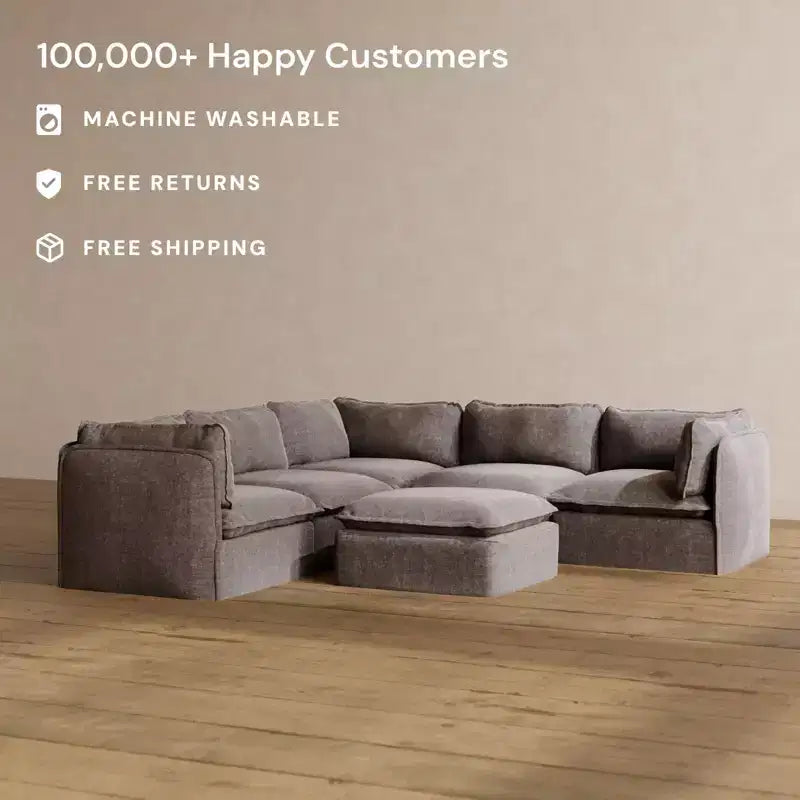Canapé d'angle modulable lavable 4 places Anabei + Pouf | Assise Deluxe+ et coussin Cloud