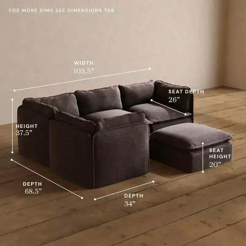 Canapé d'angle modulable lavable 4 places Anabei + Pouf | Assise Deluxe+ et coussin Cloud