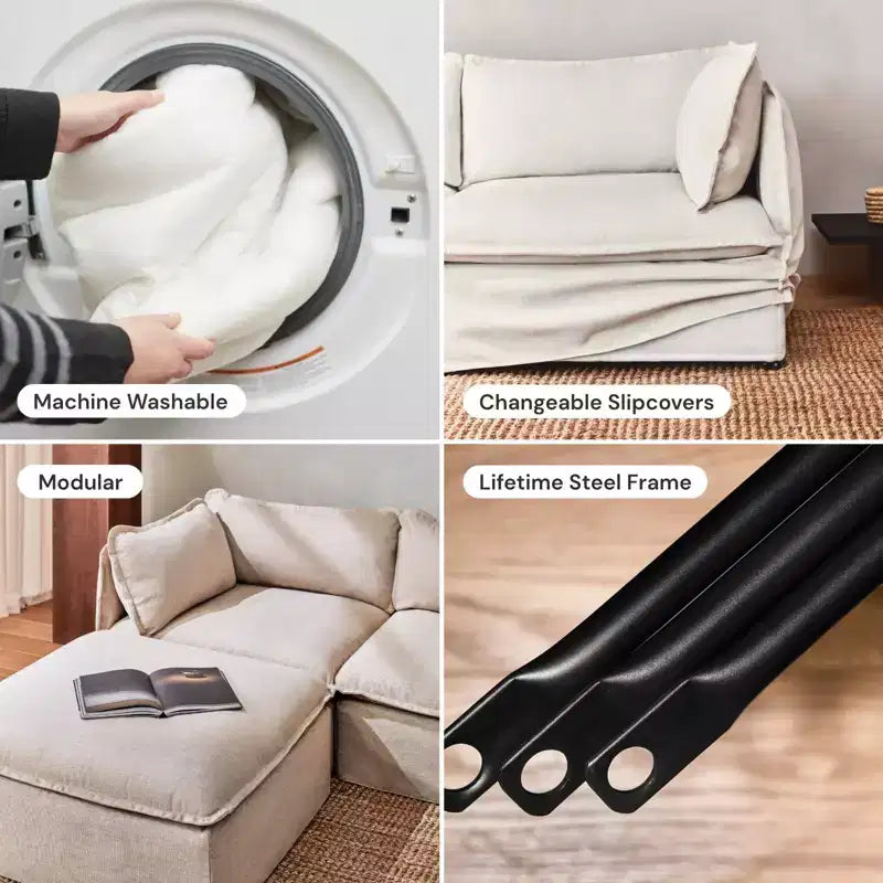 Canapé d'angle modulable lavable 4 places Anabei + Pouf | Assise Deluxe+ et coussin Cloud
