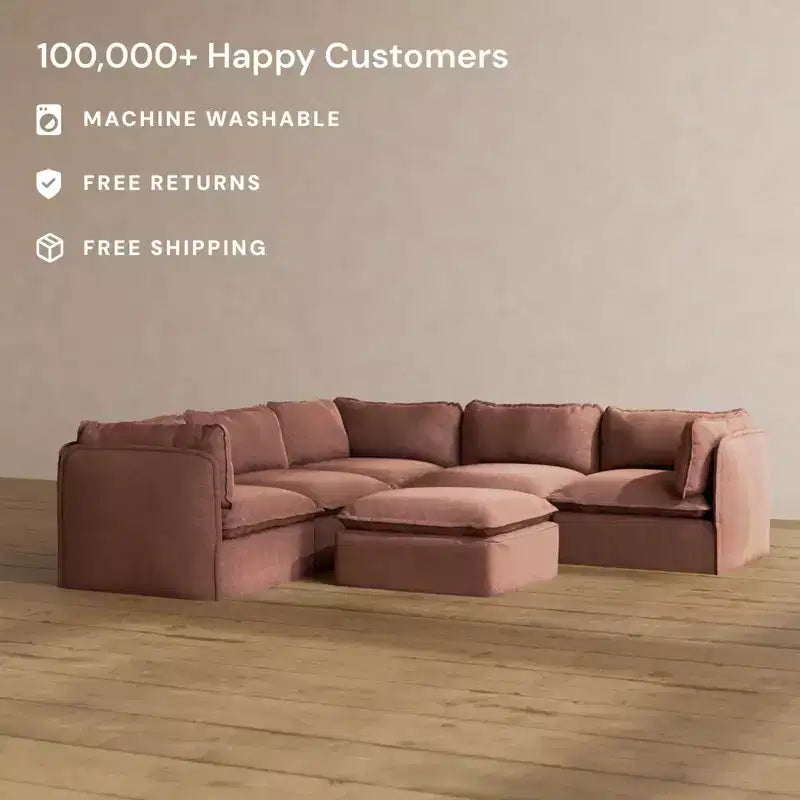 Canapé d'angle modulable lavable 4 places Anabei + Pouf | Assise Deluxe+ et coussin Cloud