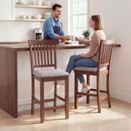HOMCOM Lot de 2 tabourets de bar, tabourets de bar modernes rembourrés avec dossier haut et pieds en bois d'hévéa, chaises de cuisine hauteur comptoir, gris et marron foncé