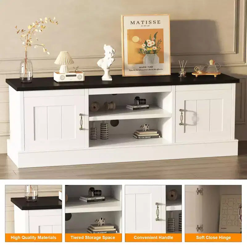 Meuble TV moderne pour téléviseurs de 65 pouces, meuble de rangement rustique avec grands placards, console multimédia pour salon et bureau