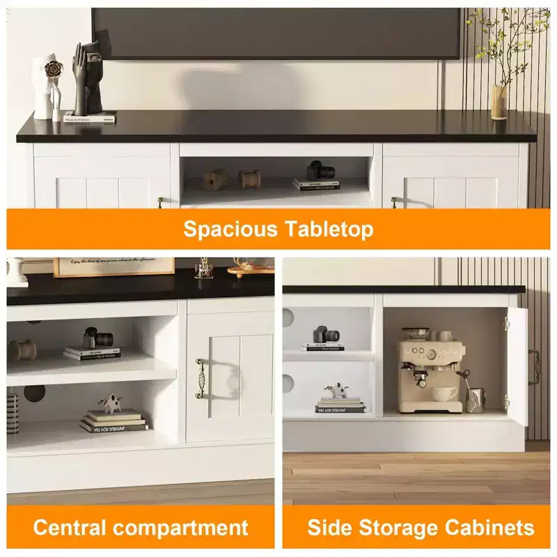 Meuble TV moderne pour téléviseurs de 65 pouces, meuble de rangement rustique avec grands placards, console multimédia pour salon et bureau