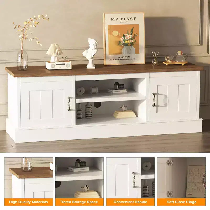 Meuble TV moderne pour téléviseurs de 65 pouces, meuble de rangement rustique avec grands placards, console multimédia pour salon et bureau