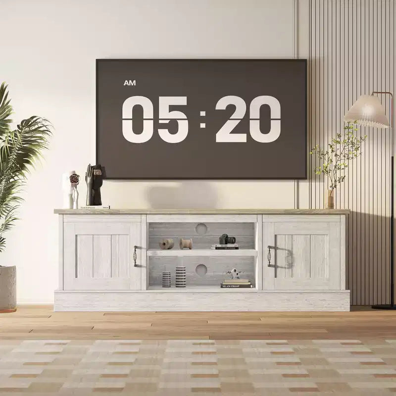 Meuble TV moderne pour téléviseurs de 65 pouces, meuble de rangement rustique avec grands placards, console multimédia pour salon et bureau
