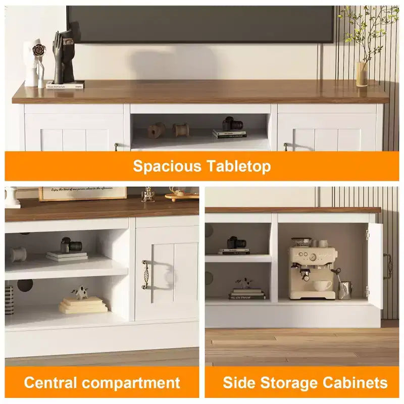 Meuble TV moderne pour téléviseurs de 65 pouces, meuble de rangement rustique avec grands placards, console multimédia pour salon et bureau
