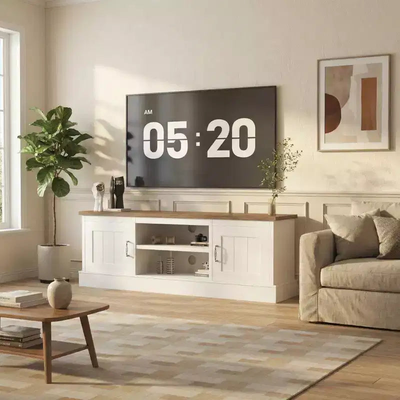Meuble TV moderne pour téléviseurs de 65 pouces, meuble de rangement rustique avec grands placards, console multimédia pour salon et bureau