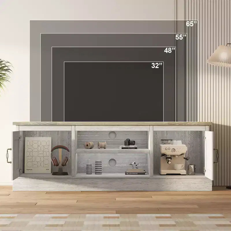 Meuble TV moderne pour téléviseurs de 65 pouces, meuble de rangement rustique avec grands placards, console multimédia pour salon et bureau