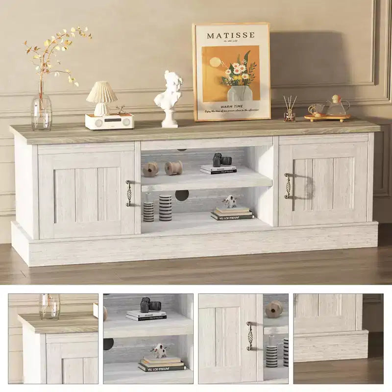Meuble TV moderne pour téléviseurs de 65 pouces, meuble de rangement rustique avec grands placards, console multimédia pour salon et bureau
