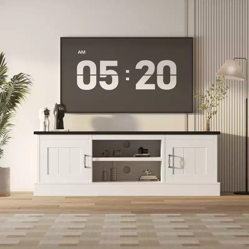 Meuble TV moderne pour téléviseurs de 65 pouces, meuble de rangement rustique avec grands placards, console multimédia pour salon et bureau