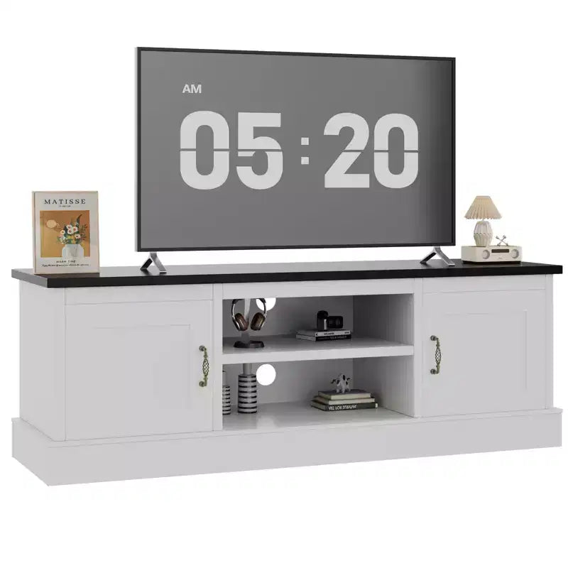 Meuble TV moderne pour téléviseurs de 65 pouces, meuble de rangement rustique avec grands placards, console multimédia pour salon et bureau