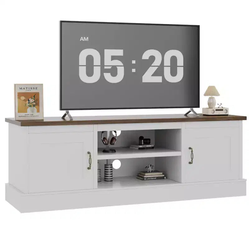 Meuble TV moderne pour téléviseurs de 65 pouces, meuble de rangement rustique avec grands placards, console multimédia pour salon et bureau
