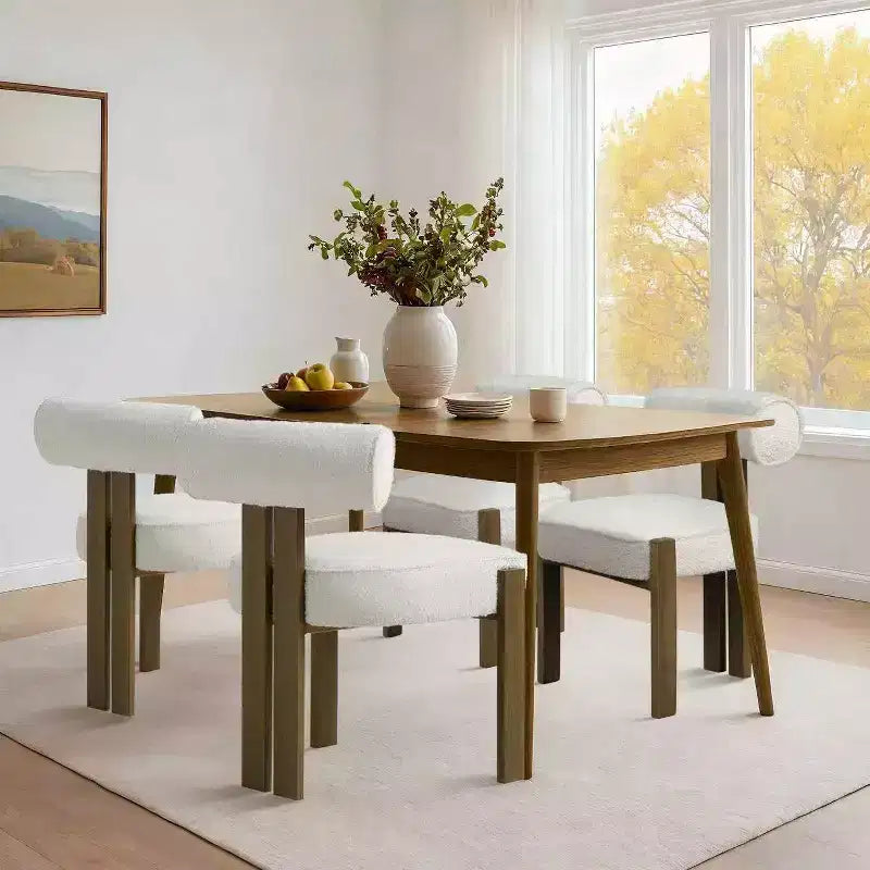 Lot de 2 chaises de salle à manger modernes en bouclette | Dossier incurvé ergonomique, assise rembourrée moelleuse et pieds robustes en bois d'hévéa pour salle à manger, cuisine