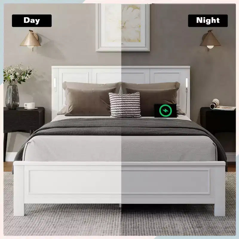 Lit double et cadre de lit Whisen avec tête et pied de lit à panneau haut, lumières LED intégrées, station de charge USB