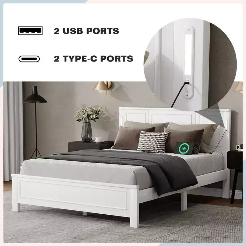 Lit double et cadre de lit Whisen avec tête et pied de lit à panneau haut, lumières LED intégrées, station de charge USB