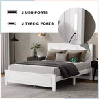 Lit double et cadre de lit Whisen avec tête et pied de lit à panneau haut, lumières LED intégrées, station de charge USB