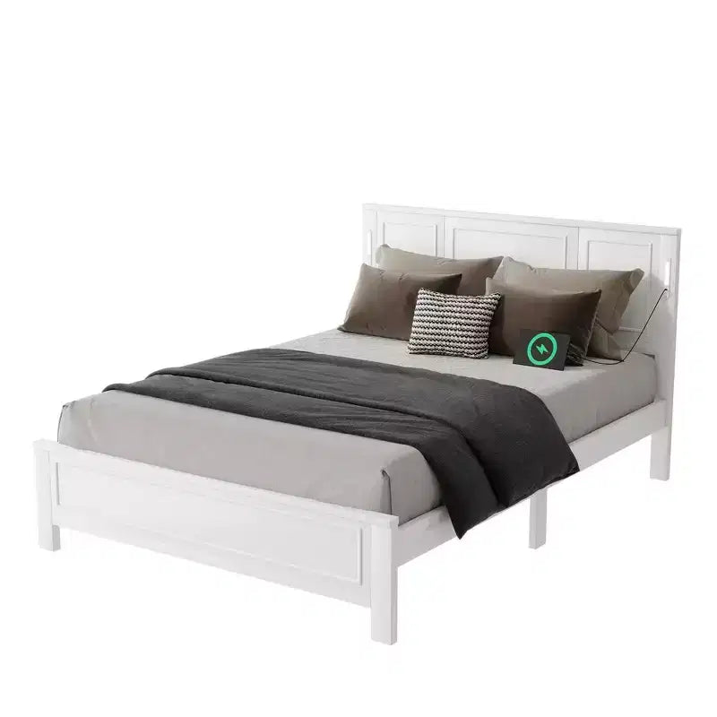 Lit double et cadre de lit Whisen avec tête et pied de lit à panneau haut, lumières LED intégrées, station de charge USB