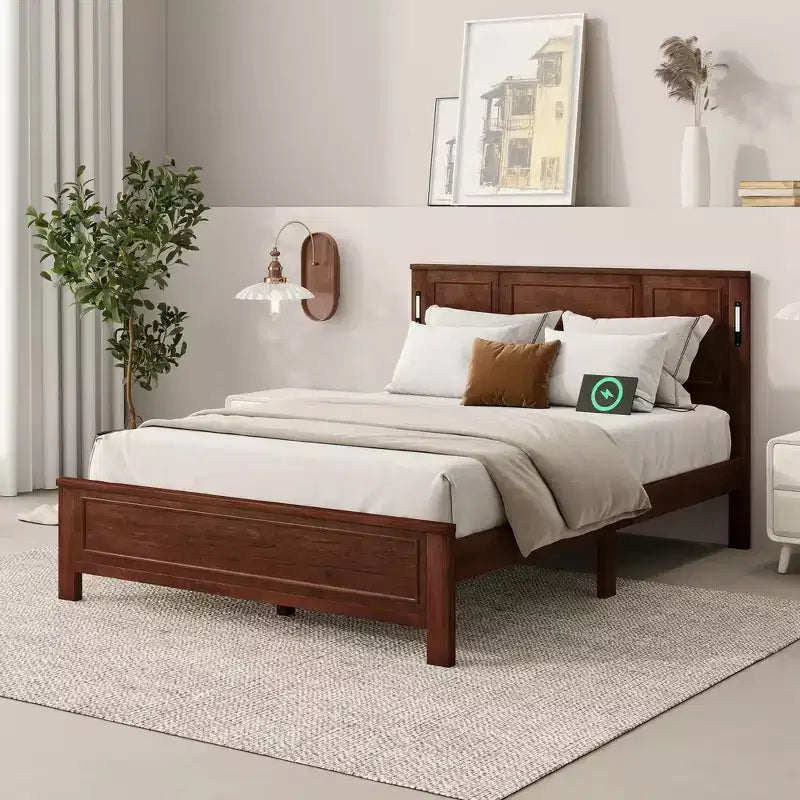 Whisen Queen Bed & Bed Frame with Tall-Panel Headboard & Footboard, Built-in LED Lights, USB Charging Station